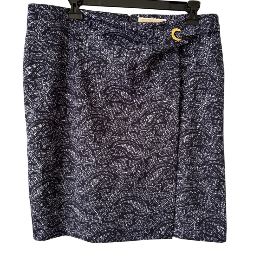 MICHAEL KORS TRUE NAVY FAUX WRAP SKIRT W/GOLD MK BUCKLE